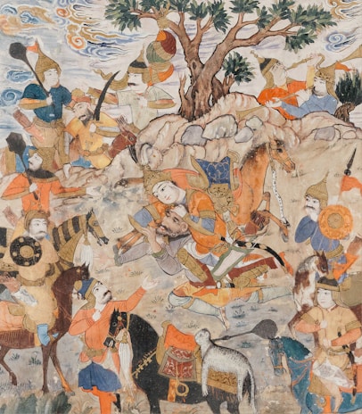 A detailed depiction of a historical or mythological battle scene featuring warriors on horseback. The central figure appears to be lifting another figure, possibly wounded or deceased. Intricate clothing and armor adorn the individuals, and a tree stands prominently in the background. Various animals, such as horses, are also present, with vibrant and dynamic poses conveying motion and drama.