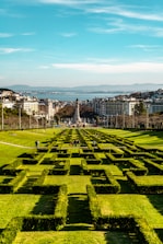 Geometric hedges form a pattern on a spacious public park with people walking and relaxing. In the background, urban buildings and a distant view of a body of water are visible along with rolling hills under a clear blue sky.