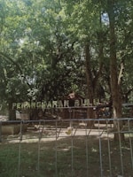 A lush, green forest area with dense foliage and several large trees. A fence is present in the foreground, and there is a sign with the words 'Penangkaran Bulus' in the background. Sunlight filters through the trees, creating a serene and natural atmosphere.