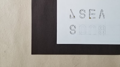 A design sheet featuring stylized letters with intricate patterns. The letters spell 'sea sons' and are drawn with floral and nature-inspired motifs in black and white ink, set against a clean, white background. The design is framed by a dark, wood-textured paper on one side.