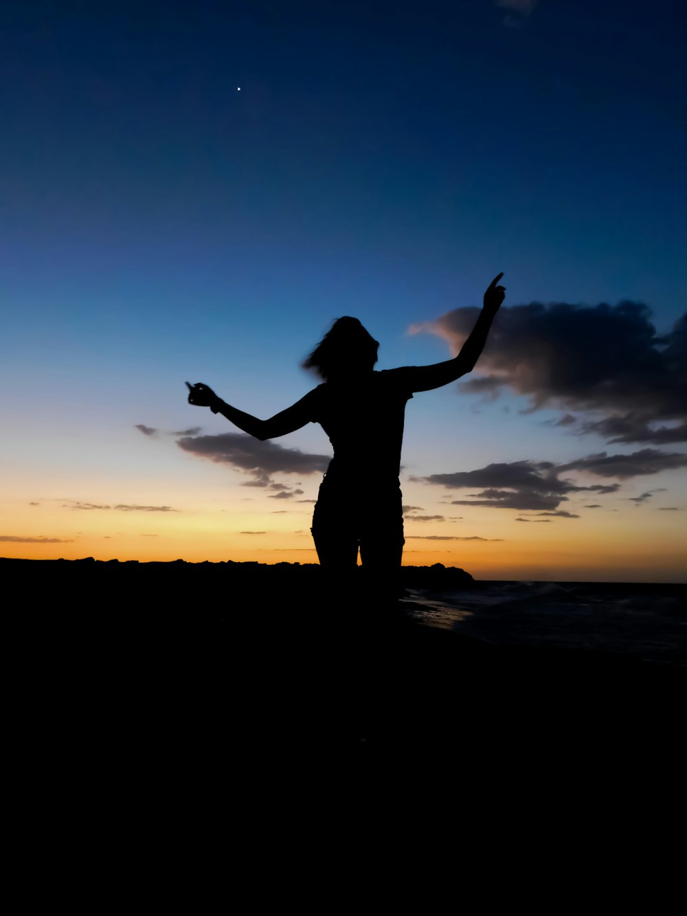 silhouette di donna in piedi sulla spiaggia durante il tramonto