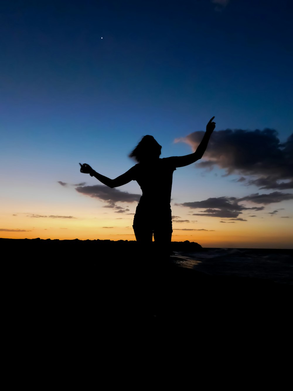silhouette de femme debout sur la plage pendant le coucher du soleil