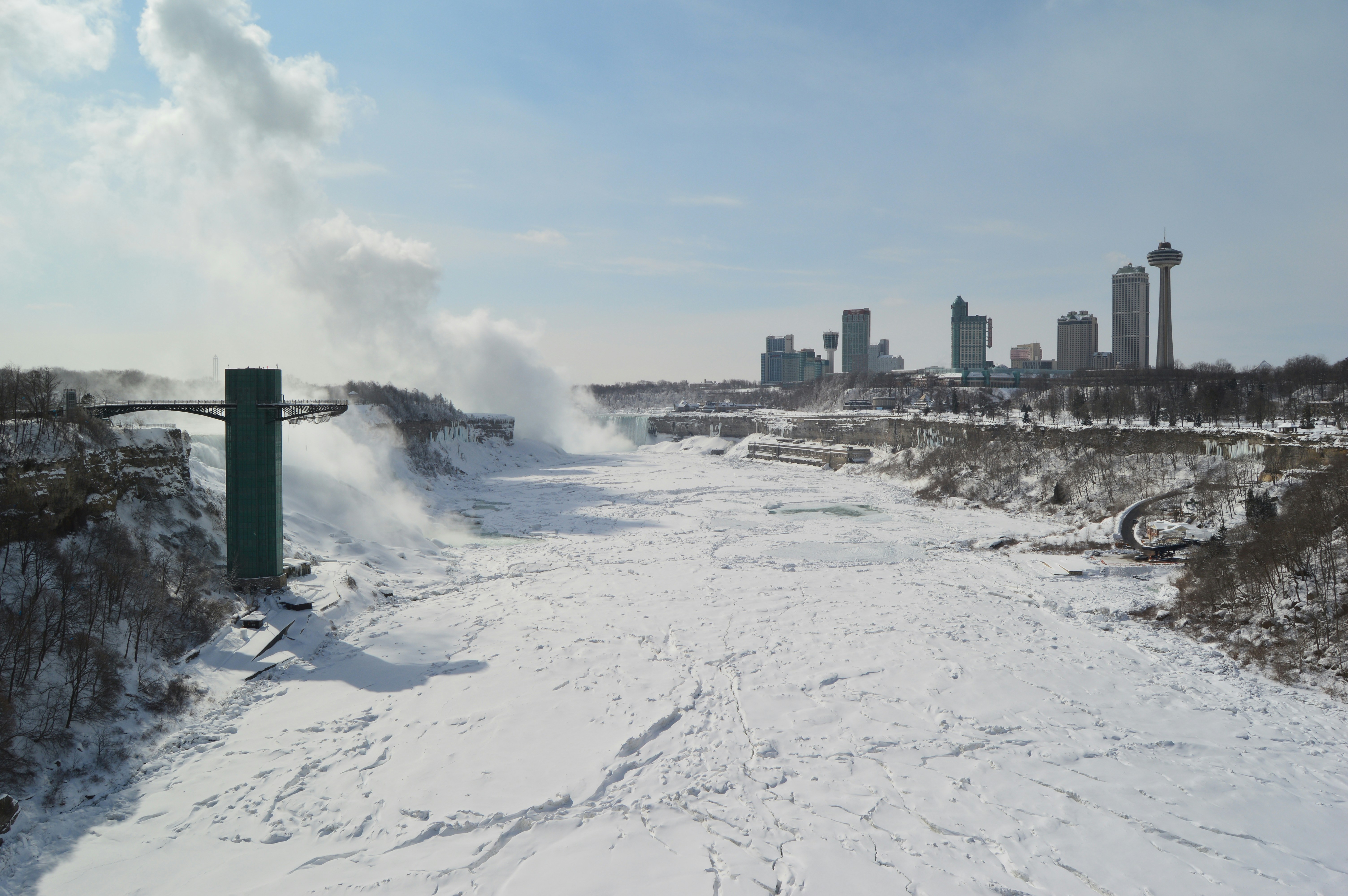 Looking up the frozen Niagara River toward Niagara Falls during the record coldest month in nearby Buffalo New York's climate history. Photo taken from the Rainbow Bridge on the International Boundary between Canada and theUnited States.