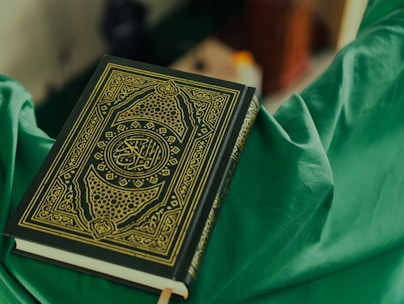 black and white book on green textile