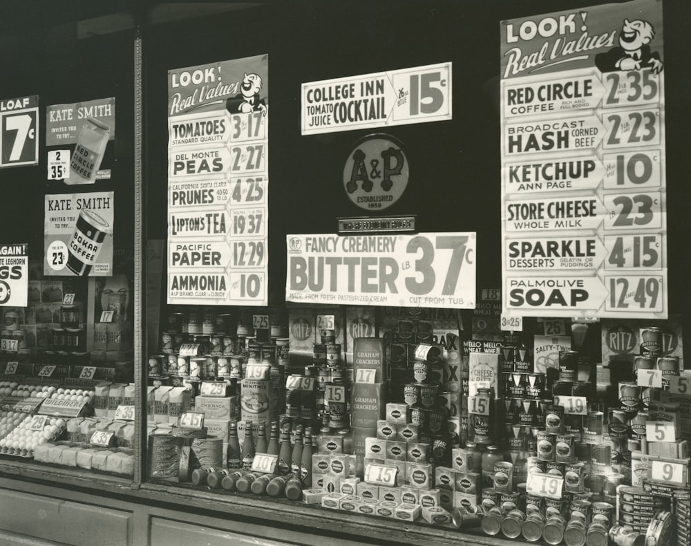black and white image of store window