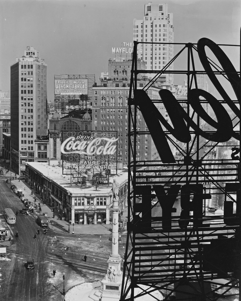 grayscale photo of city buildings in Manhattan