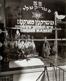 A storefront with the signage reading 'Chicken Market' in both Hebrew and English. A series of plucked chickens hang by their feet in the window display, with a silhouette of a person visible behind the counter. Decorative elements include a rooster and a duck illustrated on the glass.