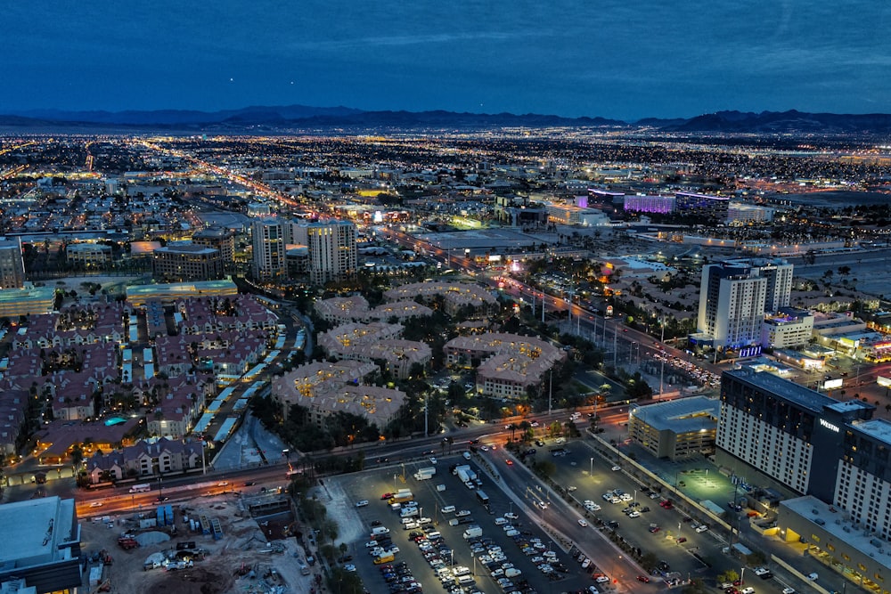 aerial view of city buildings during night time