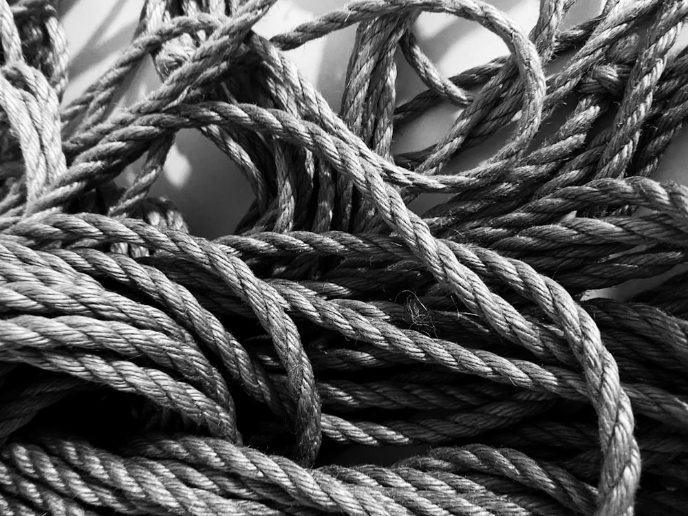 grayscale photo of rope in close up photography