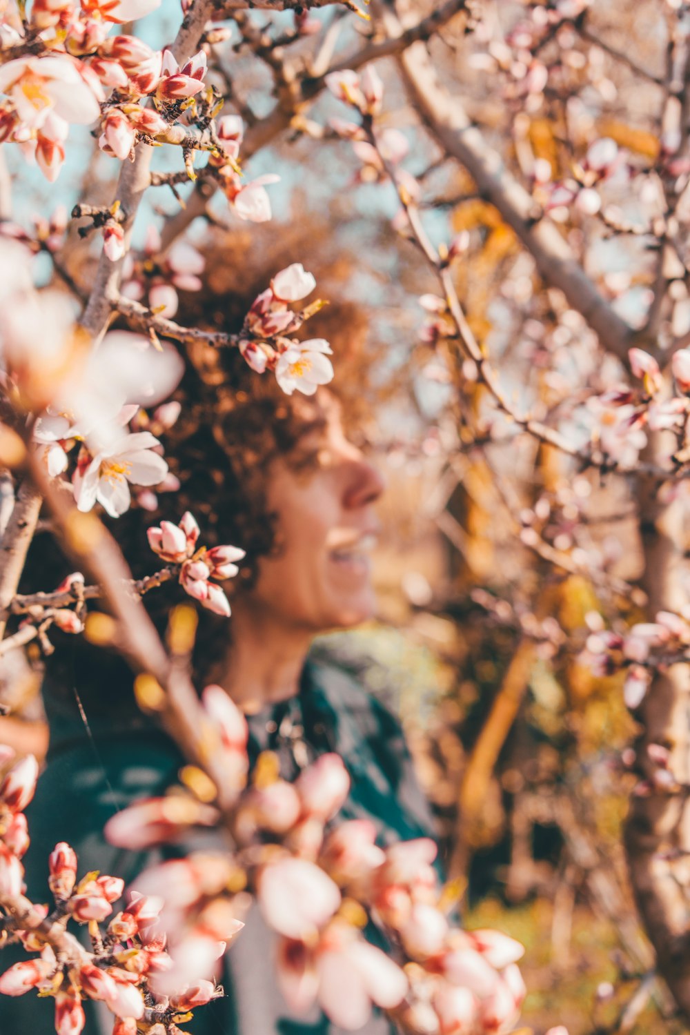 woman in blue shirt standing under white flower tree during daytime