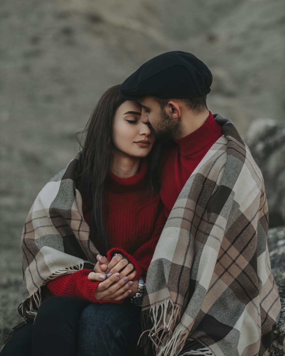 woman in red scarf and black and white plaid long sleeve shirt