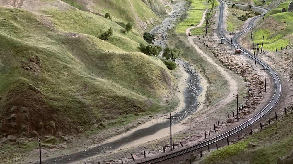 green grass field and train rail