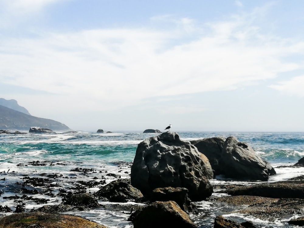 black rock formation on sea under white clouds during daytime