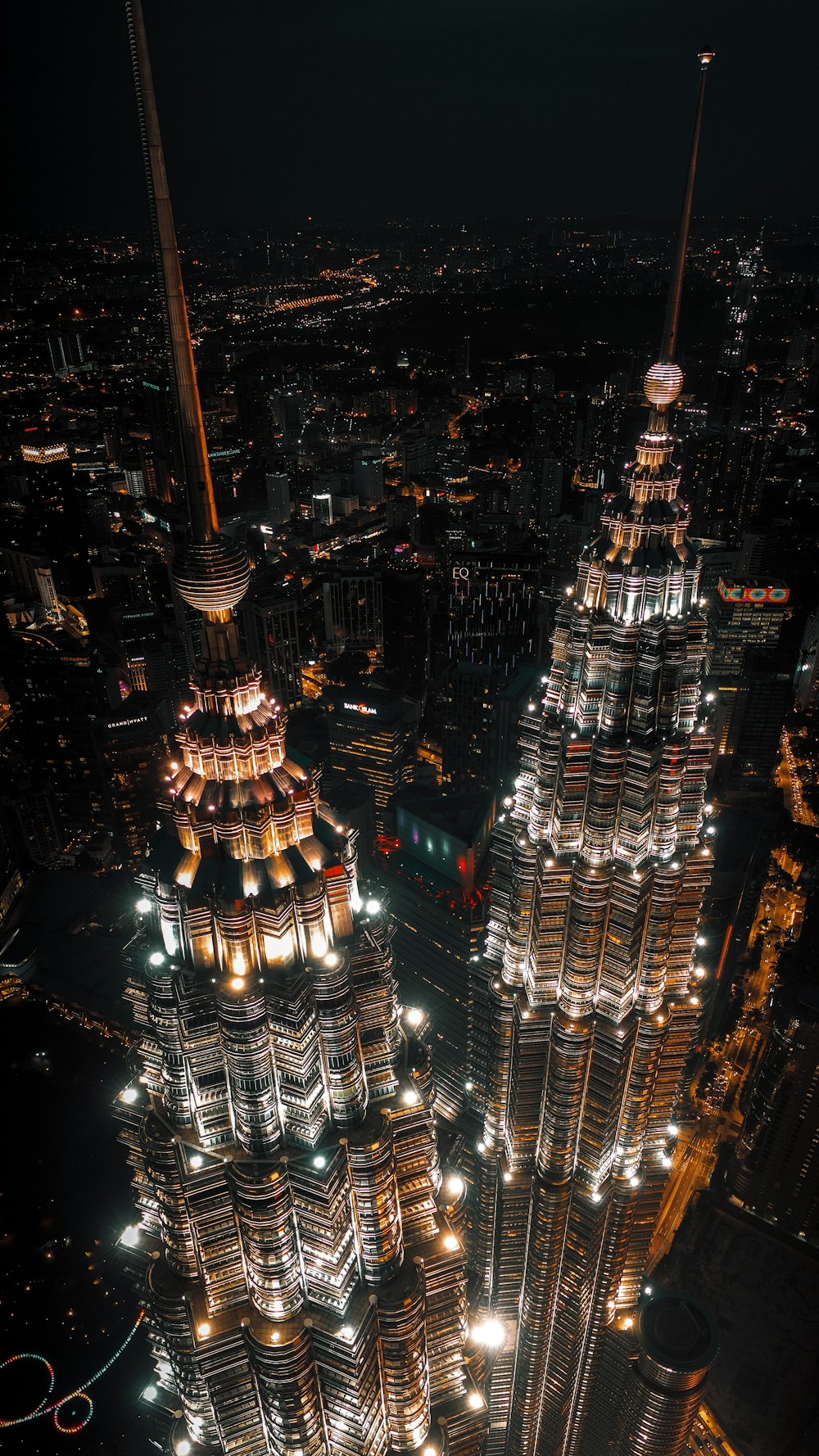 aerial view of city buildings during night time