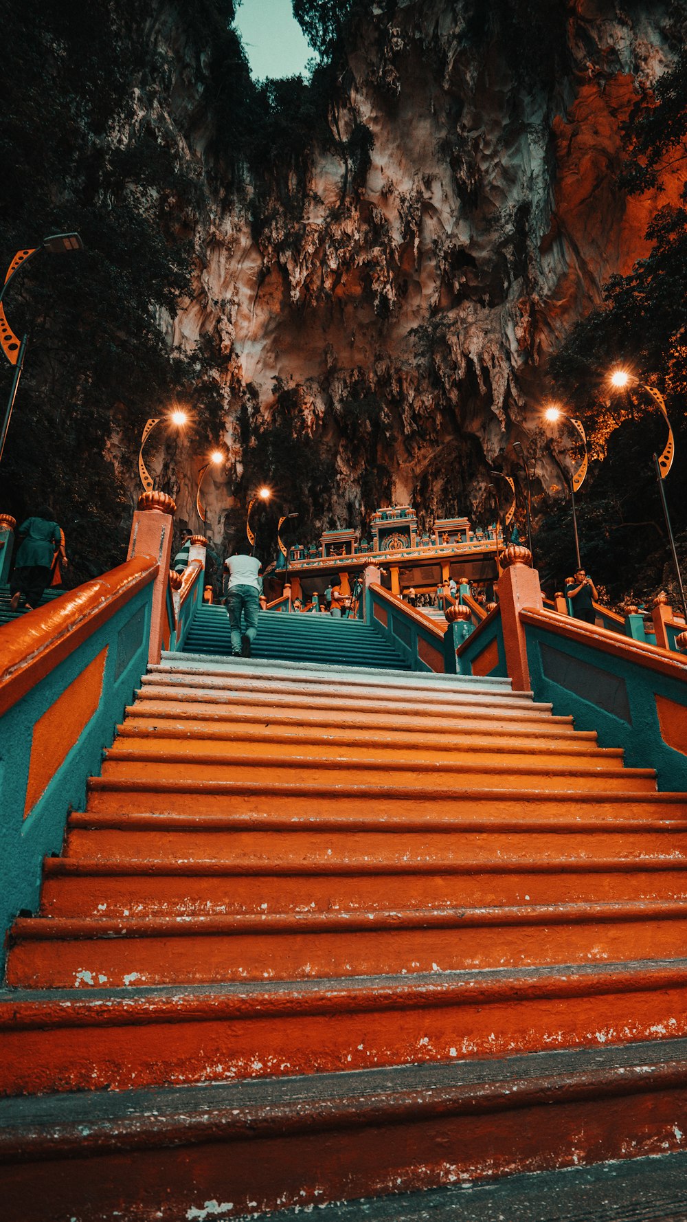 woman in blue jacket walking on brown wooden stairs