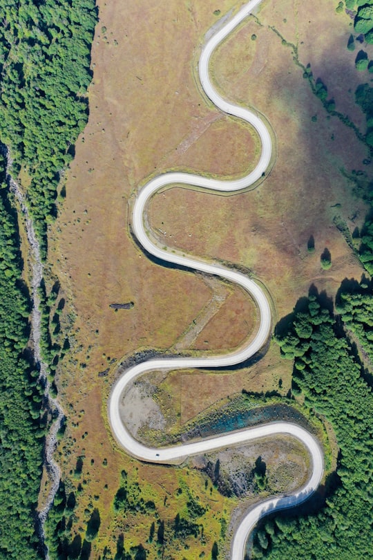 aerial view of road in between green grass field in Villa Cerro Castillo Chile