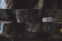 Several wooden logs are stacked atop each other, showcasing a dark, rich texture with prominent bark details. The setting appears dimly lit, creating soft shadows and highlights on the wood surface.