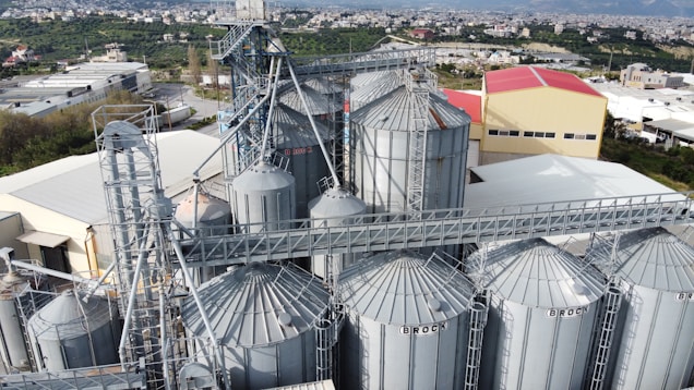 An industrial complex featuring multiple large grain silos with metal frameworks and a network of connecting conveyor systems. A backdrop of green fields and a town with mountainous terrain is visible.