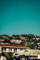 A scenic view of a neighborhood with various roof styles.