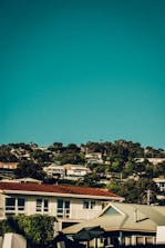 A scenic view featuring a hillside neighborhood with several houses nestled among dense green trees. The sky above is a clear, rich blue, creating a vivid contrast. Roofs of the houses vary, with some in red and others in gray, reflecting a mix of architectural styles.