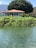 A serene landscape featuring a small white house with a red-tiled roof, surrounded by lush greenery. The house is located on a grassy hill adjacent to a calm body of water with gentle ripples. Large trees provide a natural backdrop, and mountains are visible in the distance under a clear blue sky.