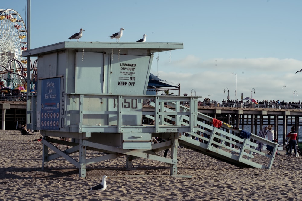 white wooden lifeguard house on beach during daytime