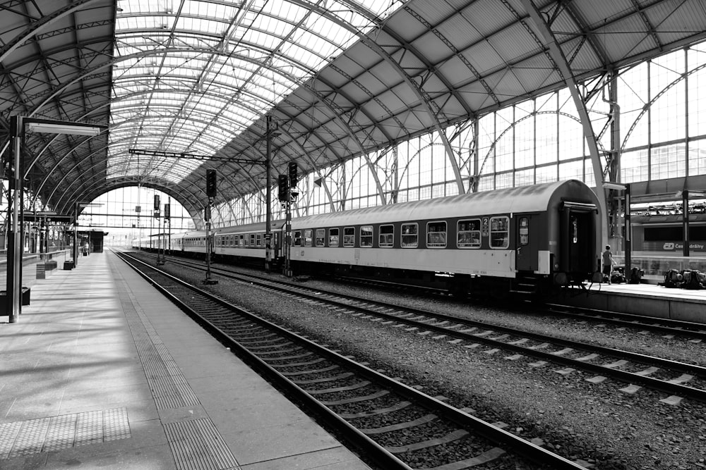 grayscale photo of train station