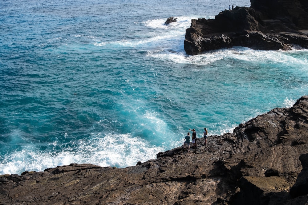 people standing on rocky shore during daytime