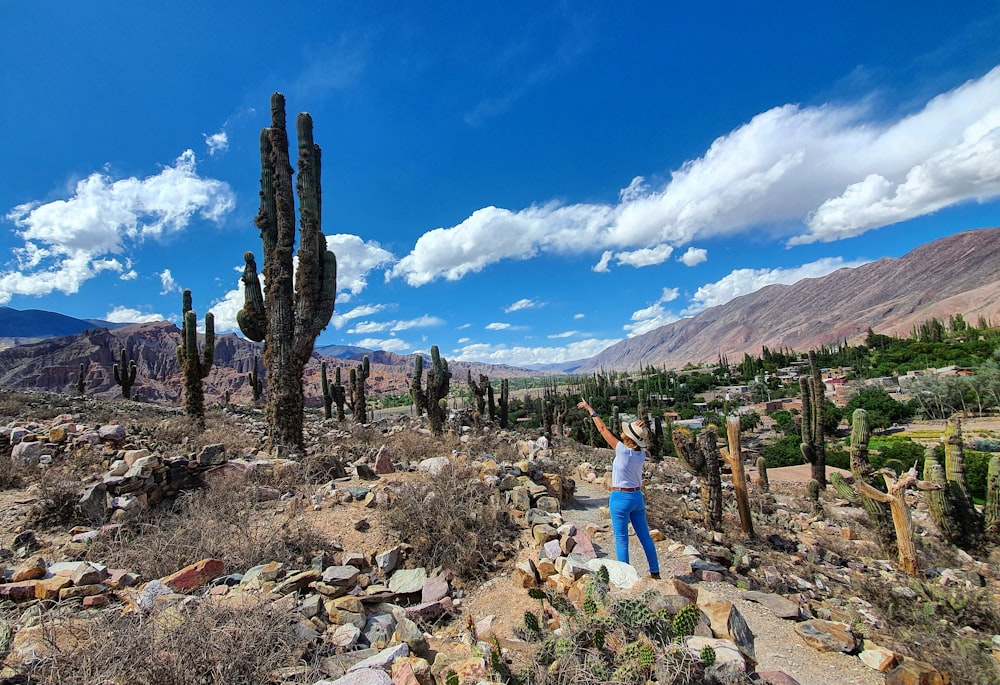 woman in blue shirt standing on brown rock during daytime