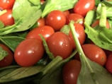 A close-up view of fresh cherry tomatoes nestled among vibrant green spinach leaves. The tomatoes appear ripe and glossy, with water droplets visible on their surfaces, adding freshness to the scene.