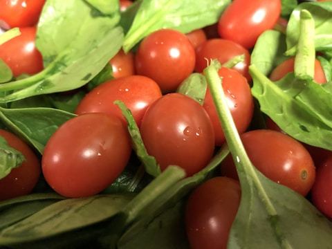 A close-up view of fresh cherry tomatoes nestled among vibrant green spinach leaves. The tomatoes appear ripe and glossy, with water droplets visible on their surfaces, adding freshness to the scene.