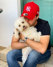 white poodle on persons lap
