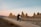 A motorcyclist rides along a dirt road with a backdrop of rocky formations and a soft, pastel-colored sky at either sunrise or sunset. The landscape appears barren, conveying a sense of adventure and solitude.
