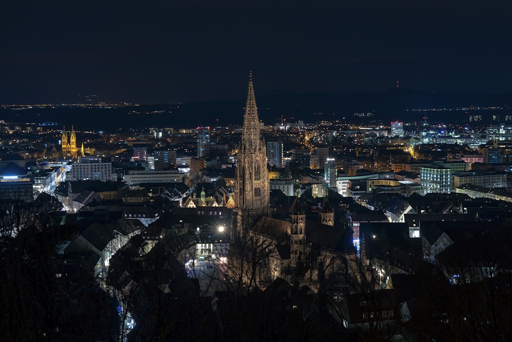 aerial view of city buildings during night time