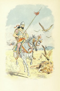 A warrior in armor rides a horse, holding a lance. The horse is in motion, kicking up dust. Birds fly in the sky, and a lion lies resting on the ground. The scene appears to be part of a narrative illustration that conveys movement and action.