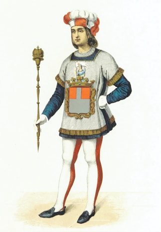 A historical figure is depicted wearing a flamboyant outfit featuring a tunic with a large heraldic emblem on the front. The attire includes white and red tights, a matching hat with a feather, and a blue long-sleeve shirt underneath. The figure holds a golden scepter, standing confidently with one hand on the hip.