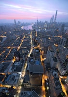 aerial view of city buildings during night time