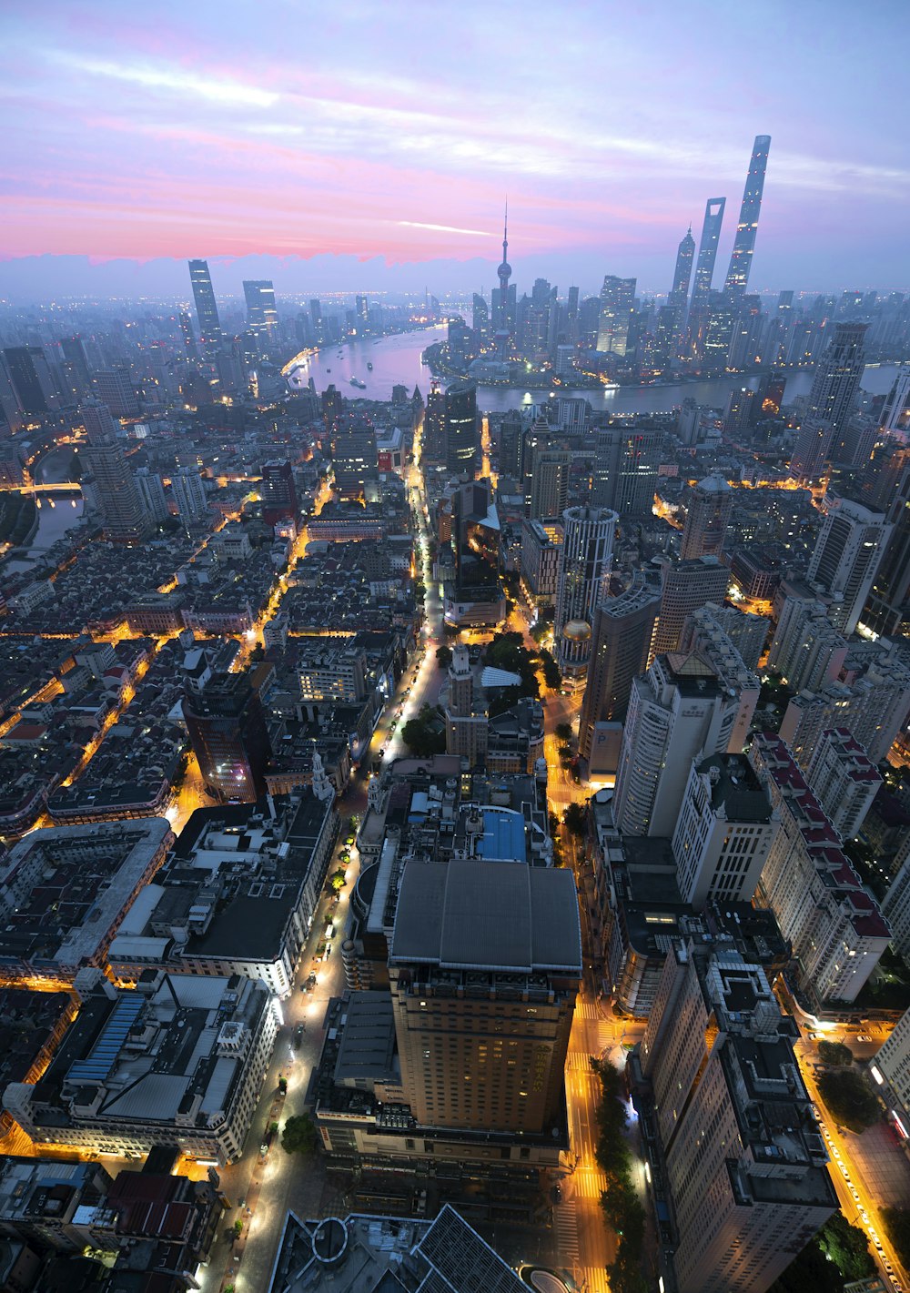 aerial view of city buildings during night time