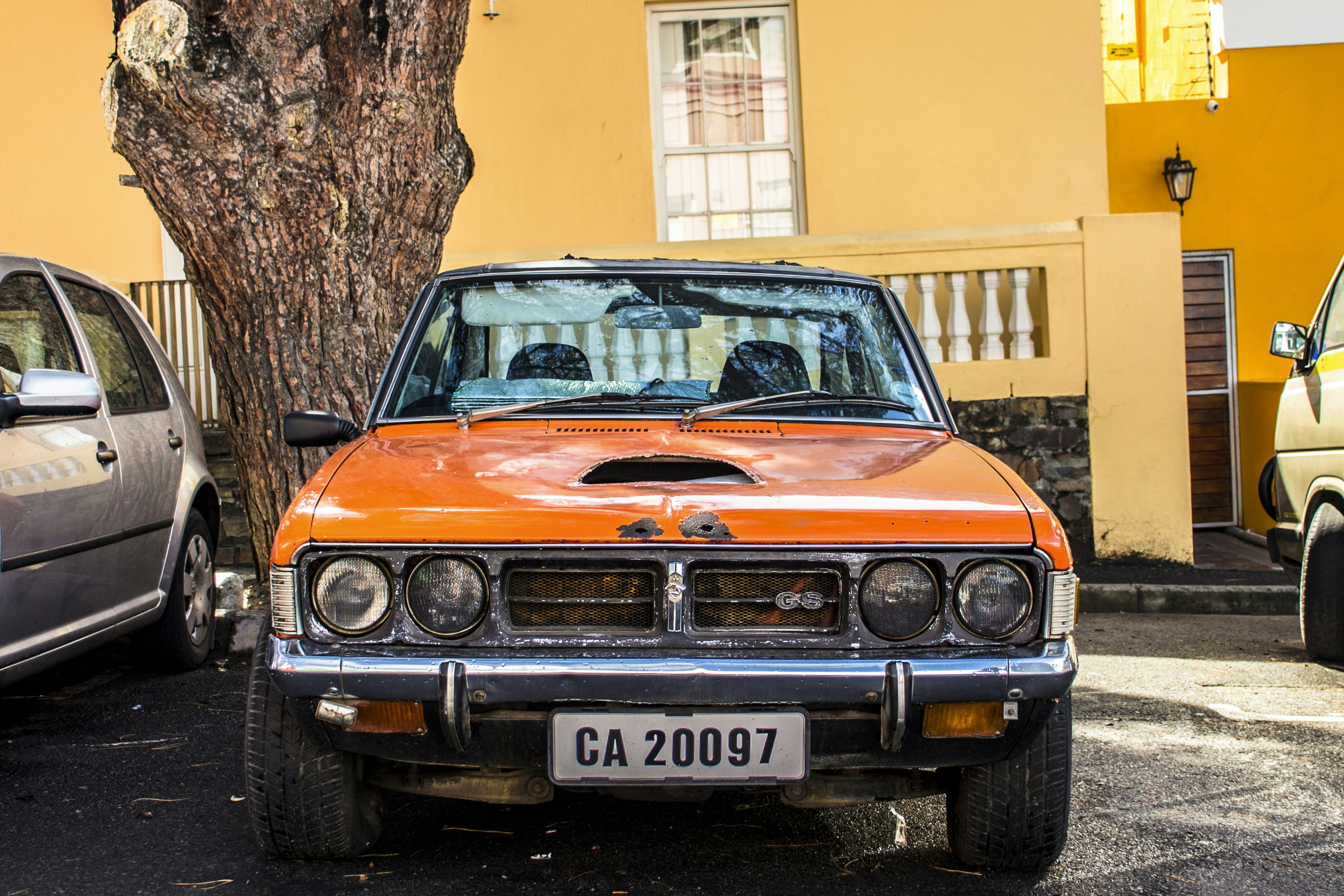 orange car parked beside tree