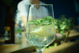 Close-up of a refreshing Mediterranean beverage in a pastel glass, with lemon slices and mint.