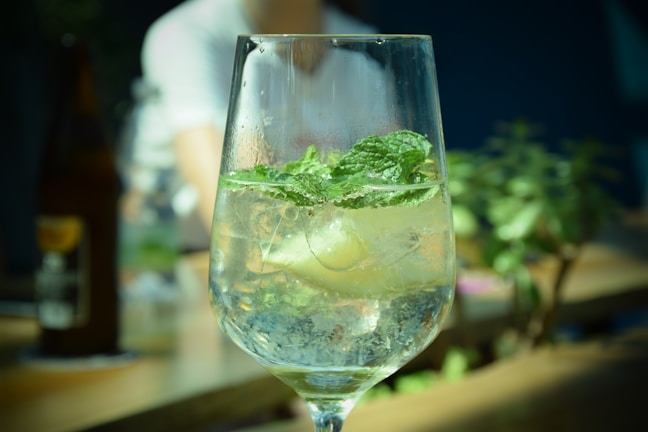 A close-up of a refreshing botanical mocktail garnished with fresh herbs and fruits.