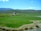 A vast expanse of green fields extends into the distance, with a small herd of horses grazing. A solitary red barn with a white roof is situated near the center, surrounded by rolling hills under a bright blue sky with a few clouds.