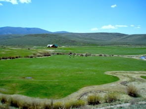 Rolling green horse pastures near Lexington with a classic red barn in the distance.