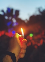 Windproof lighter flame burning steadily against a blurred outdoor background.