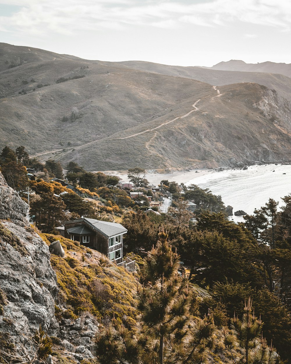 white and brown house on top of mountain