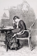 A woman dressed in Victorian-style clothing sits at a table, resting her head on one hand while appearing deep in thought or possibly distressed. She holds a piece of paper or a letter in her other hand. The room has detailed cross-hatching on the walls, with a mirror and a cityscape visible through a window, showcasing a building with a dome.