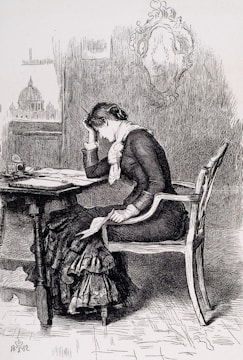 A woman dressed in Victorian-style clothing sits at a table, resting her head on one hand while appearing deep in thought or possibly distressed. She holds a piece of paper or a letter in her other hand. The room has detailed cross-hatching on the walls, with a mirror and a cityscape visible through a window, showcasing a building with a dome.