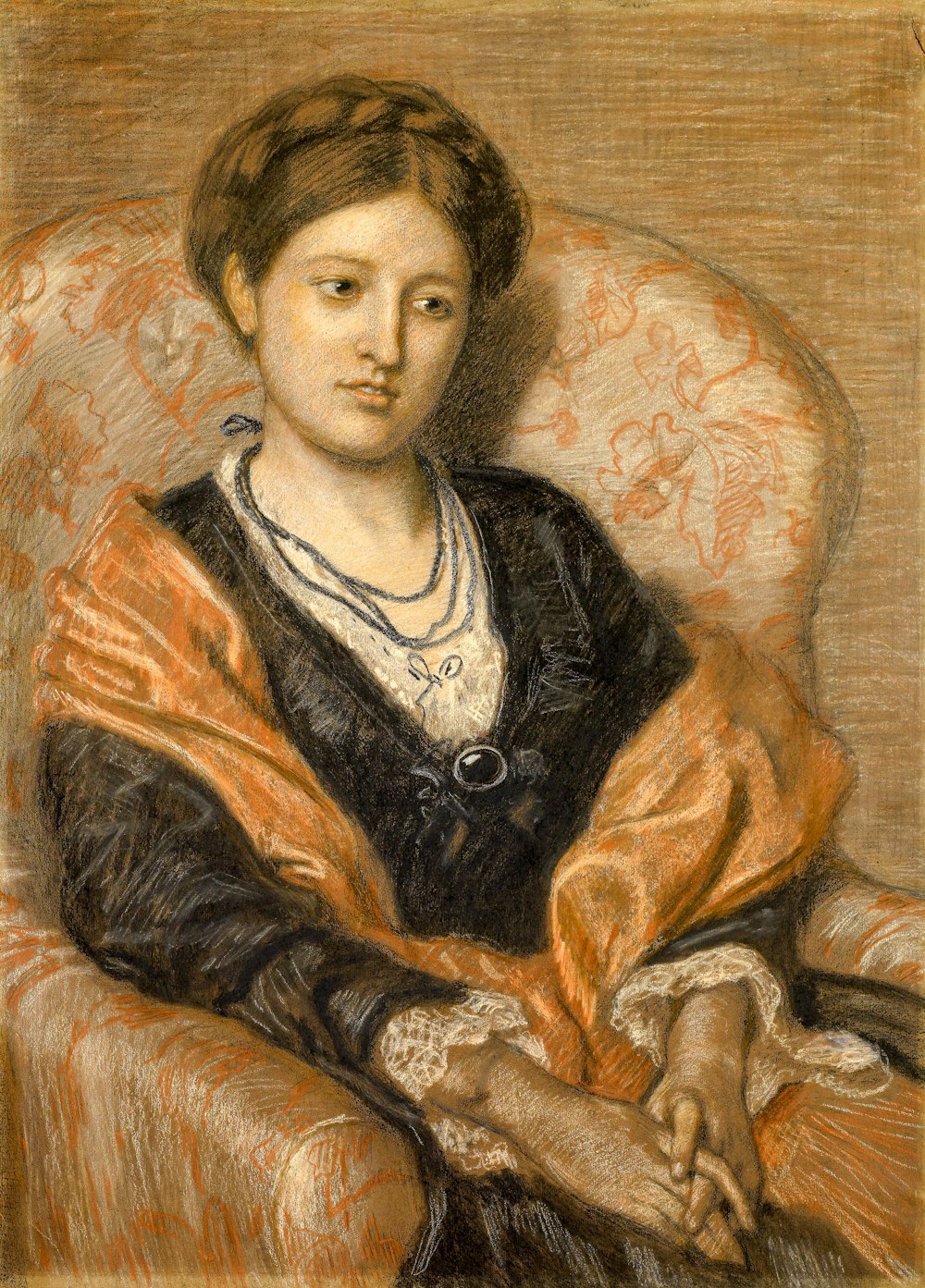 Mujer en pintura de abrigo negro y marrón