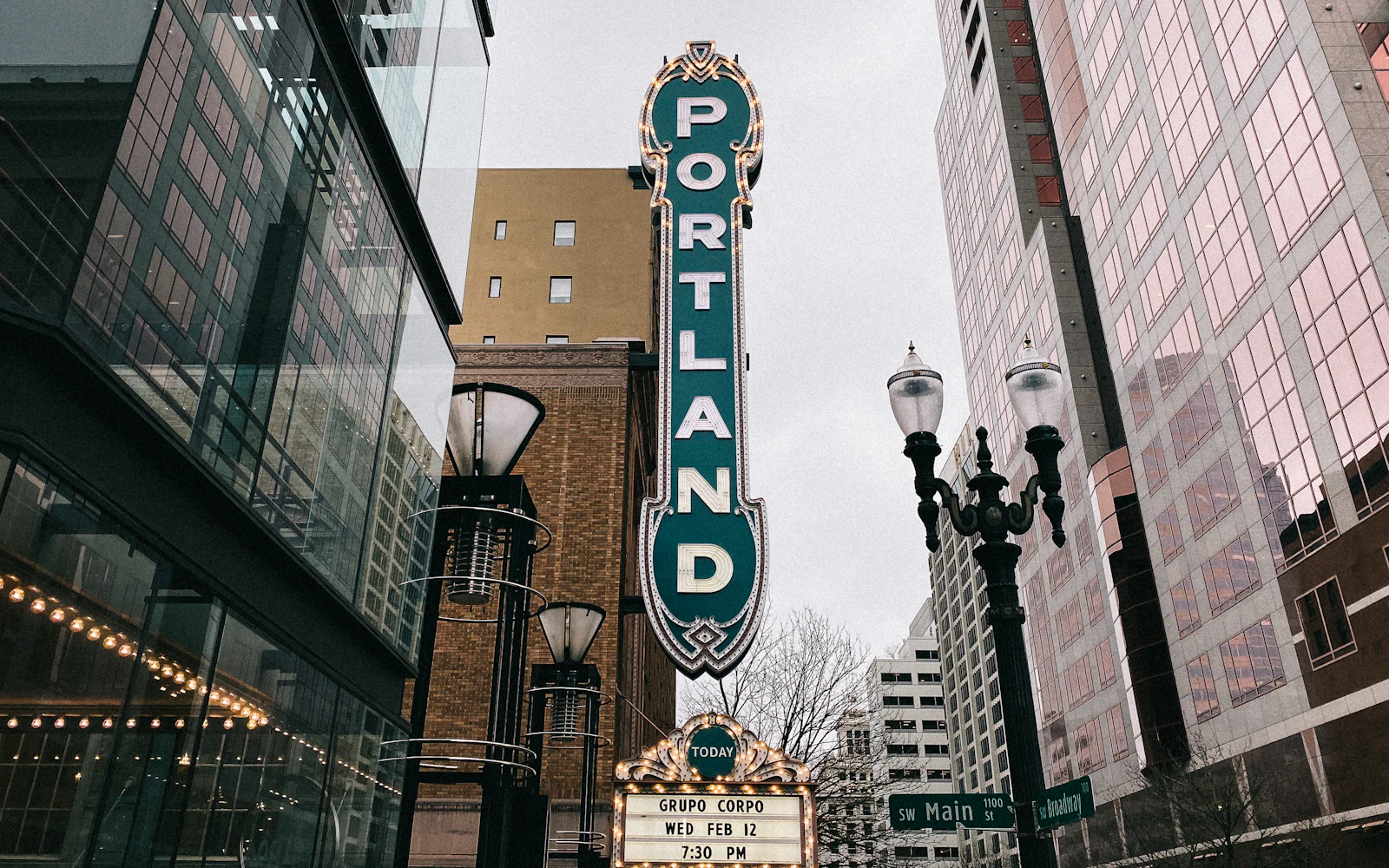 The Portland sign over Broadway in downtown Portland, Oregon