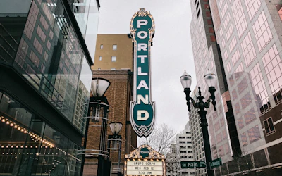 The Portland sign over Broadway in downtown Portland, Oregon